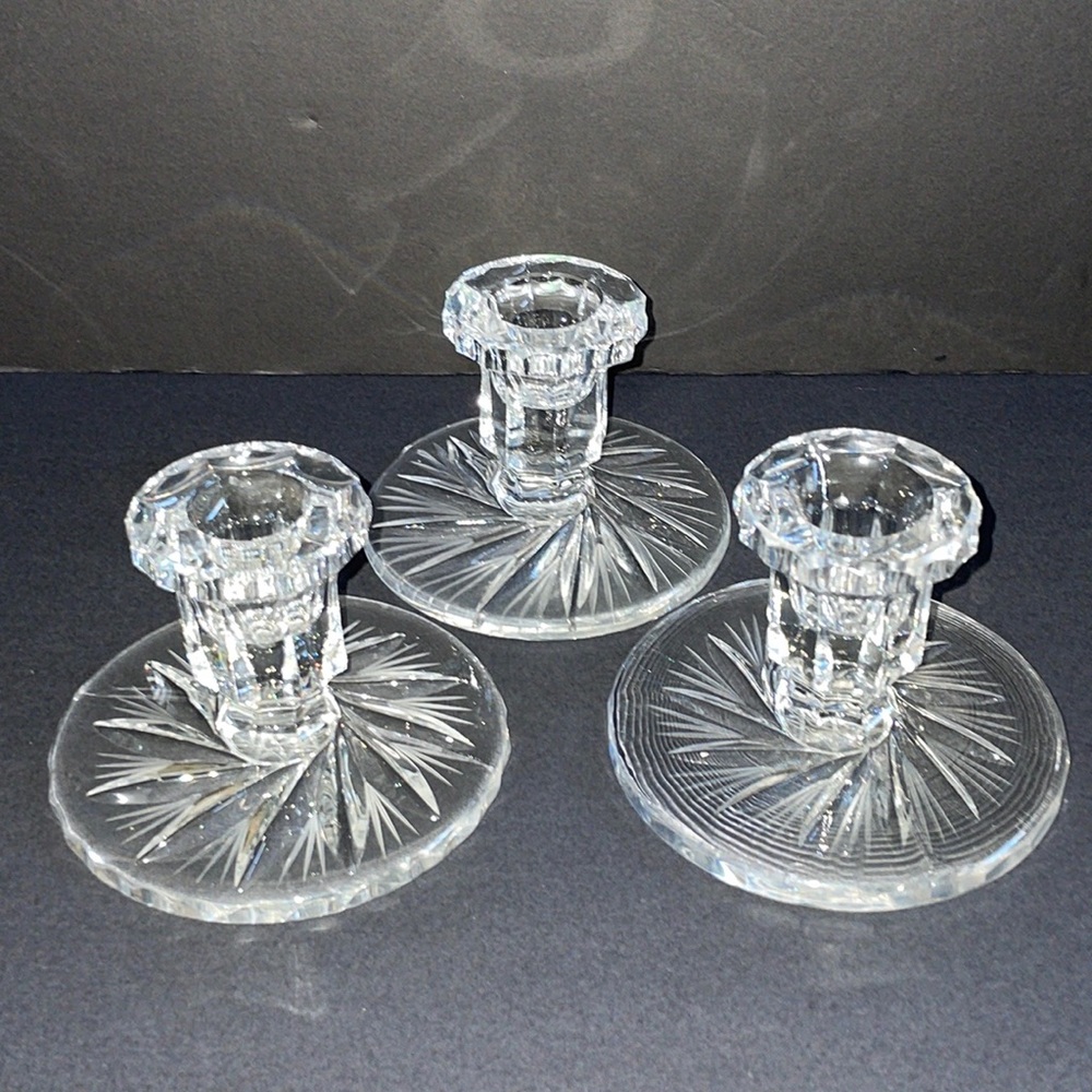 3 Pinwheel Crystal Taper Candle Holders Glassware Home Decor Vintage Home Decor